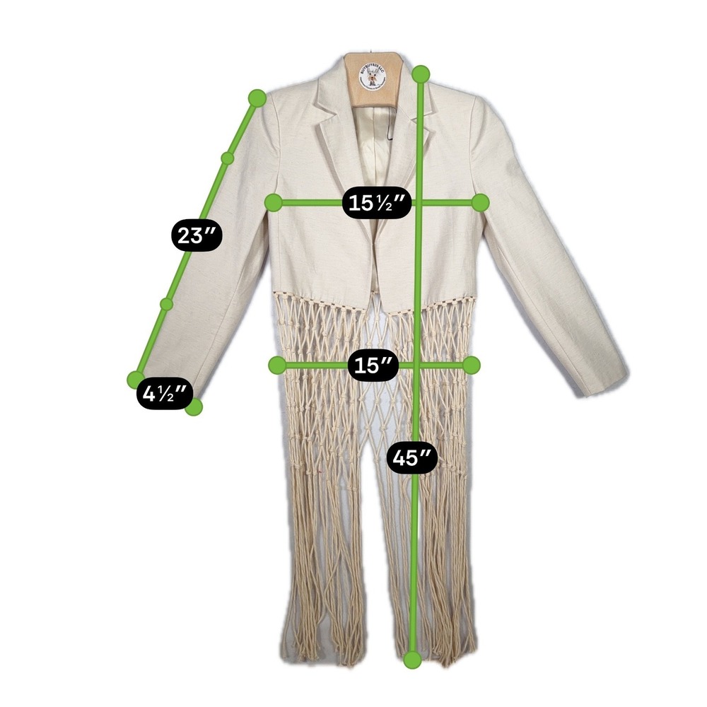 ZARA Women XS Ecru Cream Cropped Macrame Fringe Blazer Jacket - Picture 7 of 10